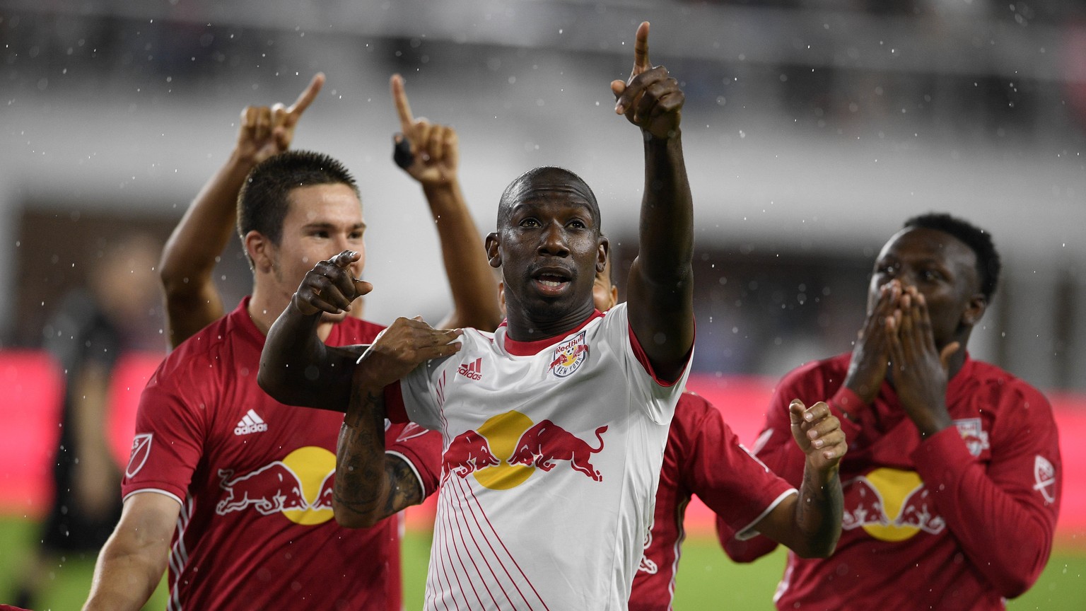 New York Red Bulls forward Bradley Wright-Phillips, center, celebrates his goal during the first half of the team&#039;s MLS soccer match against D.C. United, Wednesday, July 25, 2018, in Washington.  ...