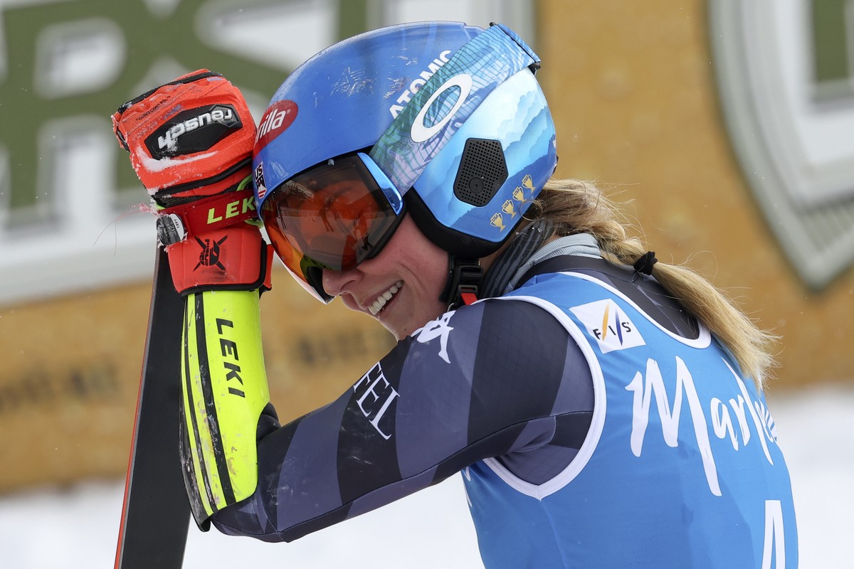 United States' Mikaela Shiffrin reacts after winning an alpine ski, women's World Cup giant slalom, in Kronplatz, Italy, Tuesday, Jan. 24, 2023. Shiffrin won a record 83rd World Cup race Tue ...