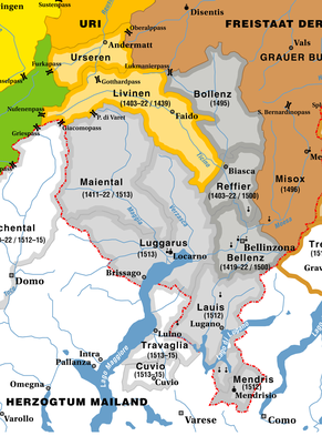 Eidgenössische Expansion entlang der Gotthardroute: Die Leventina und die Ennetbirgischen Vogteien (grau) 1403-1798.&nbsp;