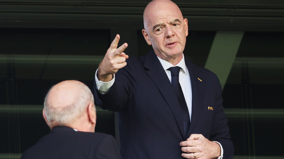 FIFA President Gianni Infantino attends the opening game of the Women's U20 World Cup opening match between Poland and Argentina in Katowice, Poland, Saturday, Sept. 5, 2026. (AP Photo/Beata Zawr ...