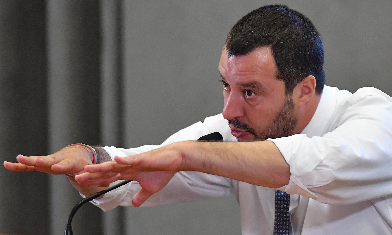 epa06839670 Italian Interior Minister Matteo Salvini speaks during a press conference at Viminale palace in Rome, 25 June 2018. According to reports, earlier in the day Salvini visited Tripolis and ca ...