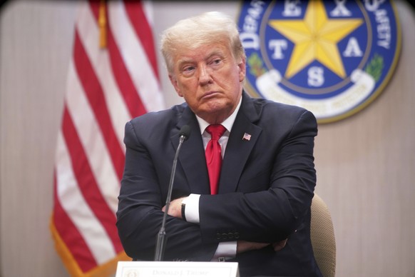 Former President Donald Trump listens to speakers at a border security briefing at the Texas DPS Weslaco Regional Office on Wednesday, June 30, 2021, in Weslaco, Texas. (Joel Martinez/The Monitor via  ...