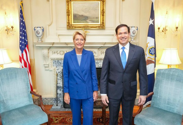 HANDOUT - Secretary Marco Rubio meets with Swiss Federal President Karin Keller-Sutter, left, at the Department of State in Washington, D.C., August 6, 2025. (Official State Department photo by Freddi ...