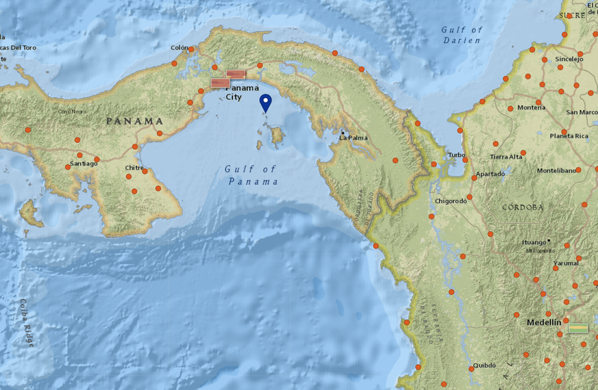 Kartenausschnitt des Golfs von Panama mit den Perleninseln.