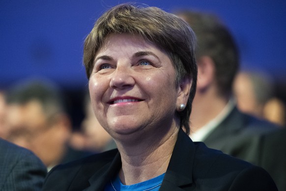 Swiss Federal Councillor Viola Amherd attends a plenary session during the 50th annual meeting of the World Economic Forum, WEF, in Davos, Switzerland, Thursday, January 23, 2020. The meeting brings t ...