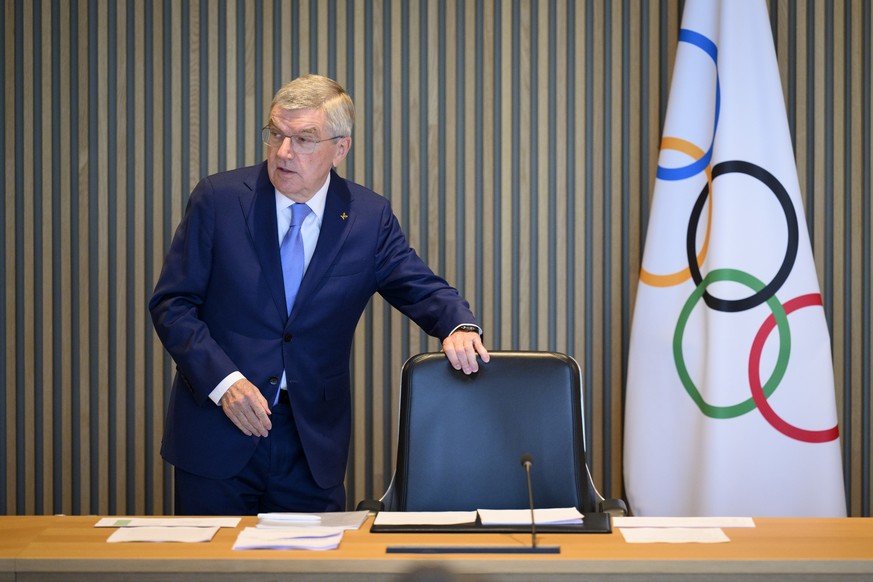 International Olympic Committee (IOC) President Thomas Bach speaks at the opening of the executive board meeting of the International Olympic Committee (IOC), at the Olympic House, in Lausanne, Switze ...