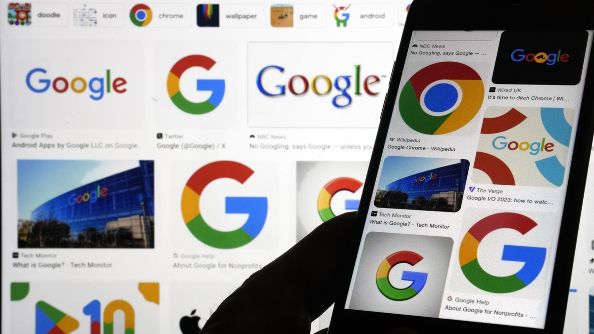 FILE - Various Google logos are displayed on a Google search, Monday, Sept. 11, 2023, in New York. U.S. District Judge Amit Mehta ruled Monday, Aug. 5, 2024, that Google's ubiquitous search engin ...