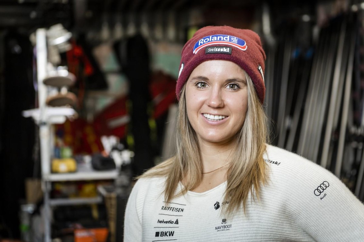 Ski racer Joana Haehlen from Switzerland, poses in the ski room during the Swiss-Ski federation press conference at the FIS Alpine Ski World Cup, in St. Moritz, Switzerland, Friday, December 10, 2021. ...