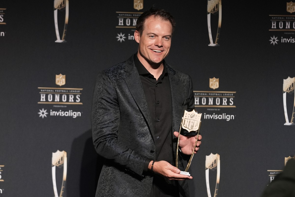 Minnesota Vikings head coach Kevin O'Connell talks to media after receiving the AP Coach of the Year award at the NFL Honors award show ahead of the Super Bowl 59 football game, Thursday, Feb. 6, ...