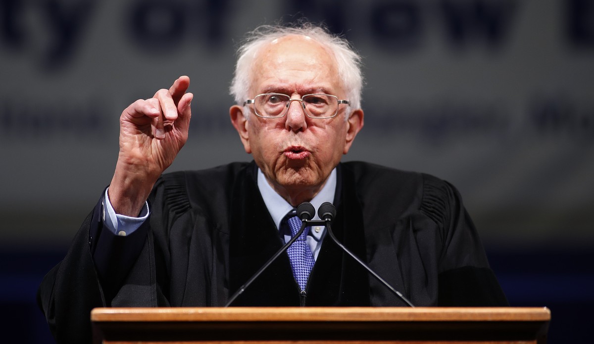Sen. Bernie Sanders, I-Vt., speaks at the University of New England's commencement on Saturday, May 18, 2024 in Portland, Maine. (Derek Davis /Portland Press Herald via AP)