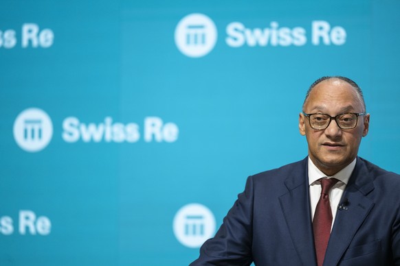 Andreas Berger, Group CEO speaks during the press conference of the full-year results 2025 of the reinsurance company Swiss Re in Zurich, Switzerland, Friday, Feburary 27, 2026. (KEYSTONE/Andreas Beck ...