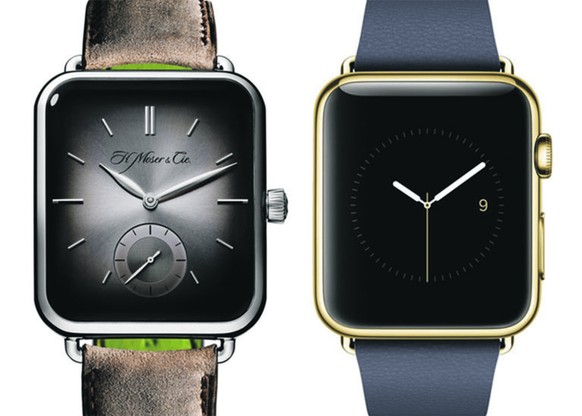 Das Original und der Schweizer Klon: Die Apple-Watch (rechts) und die Moser-Uhr.