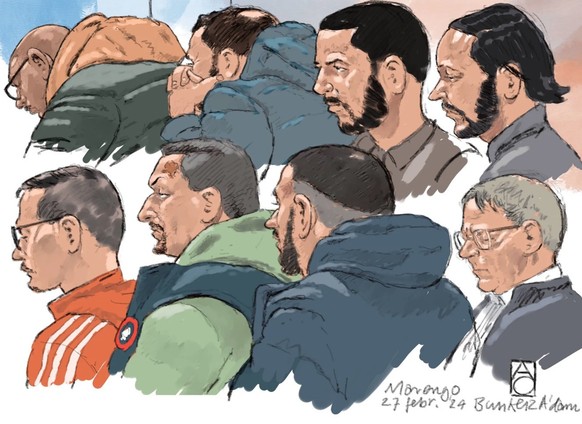 Gerichtszeichnung: Bis 2024 standen Ridouan Taghi und 16 weitere Mitangeklagte wegen zahlreicher Morde und Mordversuche vor Gericht.