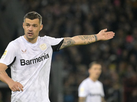 epa12043561 Leverkusen?s Swiss midfielder Granit Xhaka reacts during the German Bundesliga soccer match between FC St. Pauli and Bayer Leverkusen at Millerntor Stadium in Hamburg, Germany, 20 April 20 ...