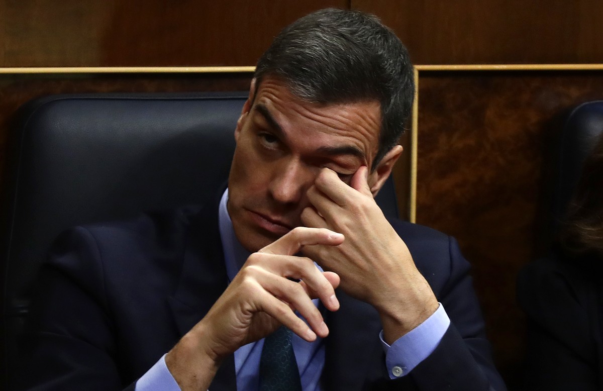 Spain's Prime Minister Pedro Sanchez gestures during a session at Spanish parliament in Madrid, Wednesday, Feb. 13, 2019. Spain's lower house has rejected the ruling Socialist government ...