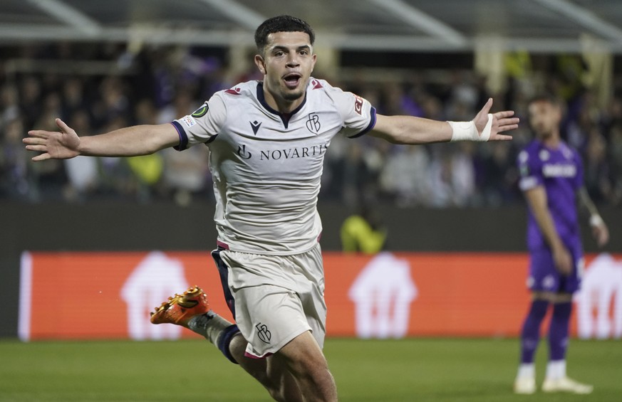 Basel&#039;s Zeki Amdouni celebrates after scoring during a Conference League first leg semifinal soccer match between FC Basel 1893 and ACF Fiorentina, at Artemio Franchi Stadium in Florence, Italy,  ...