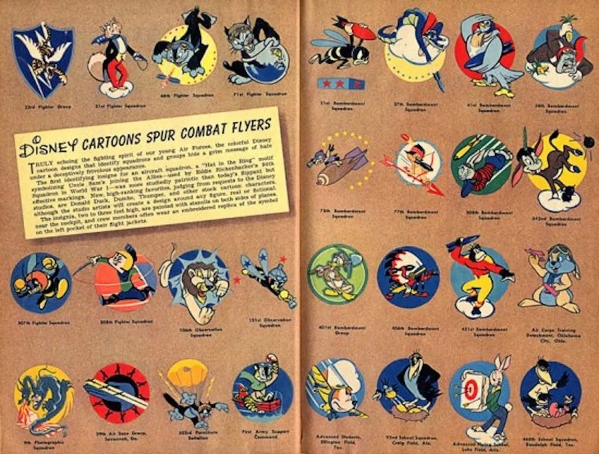 walt disney
Spread from the April 1944 edition of “Scientific American” showing some of the most popular Disney-designed insignia.