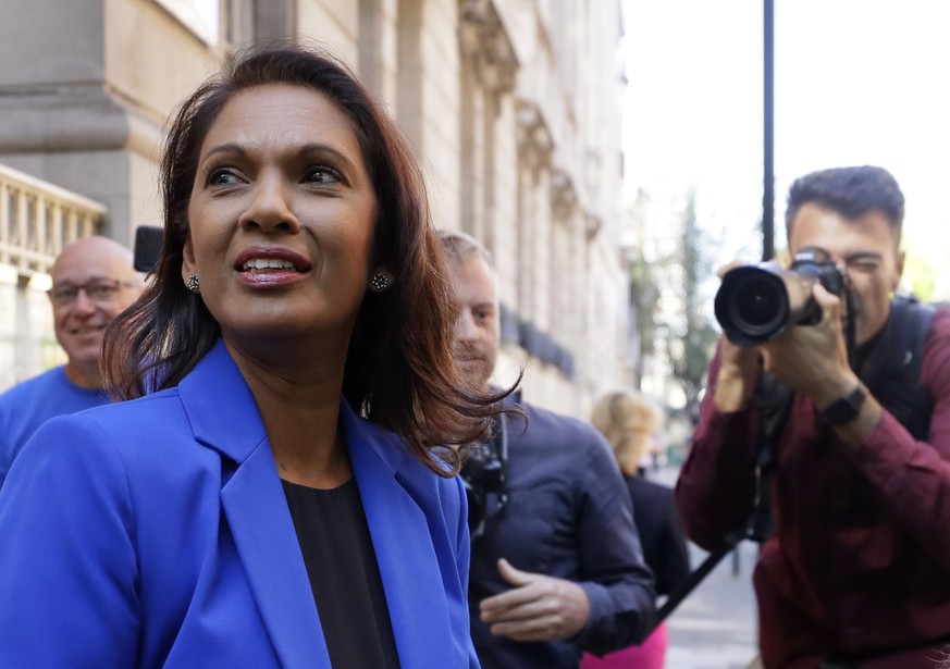 Campaigner Gina Miller leaves Millbank studios in London, Thursday, Aug. 29, 2019. Political opposition to Prime Minister Boris Johnson's move to suspend Parliament is crystalizing, with protests arou ...