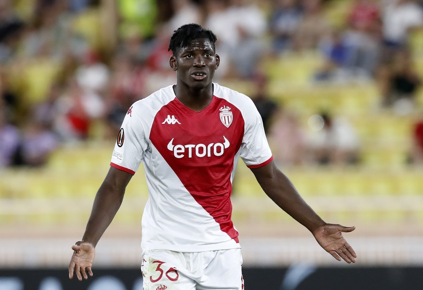 epa10186423 Breel Embolo of AS Monaco reacts during the UEFA Europa League Group H soccer match between AS Monaco and Ferencvaros TC, at Stade Louis II, in Monaco, 15 September 2022. EPA/SEBASTIEN NOG ...