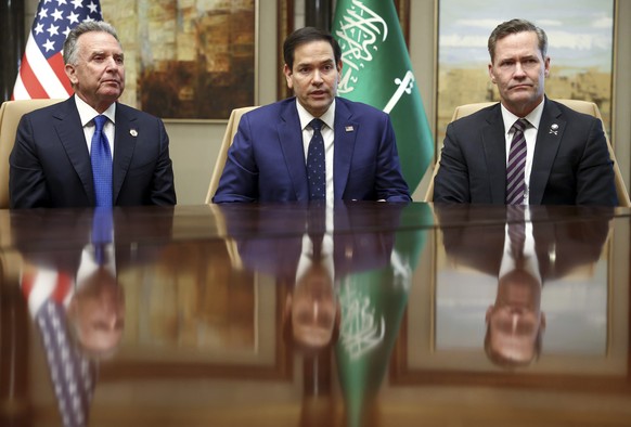 U.S. Secretary of State Marco Rubio, U.S. National Security Advisor Mike Waltz and U.S. Middle East envoy Steve Witkoff attend an interview after meeting with Russian Foreign Minister Sergei Lavrov an ...