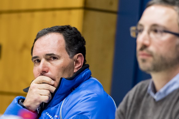 Philippe Magistretti, director CMA, left, and Frederic Favre, Valais state councillor, right, react during a press conference in Crans-Montana, Switzerland, Tuesday, February 19, 2019. Several skiers  ...