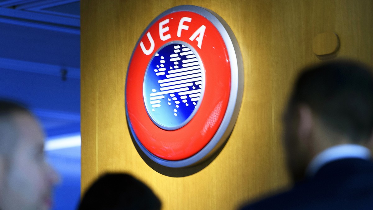 epa09143821 (FILE) - The UEFA logo on display after the meeting of the UEFA Executive Committee at the UEFA headquarters in Nyon, Switzerland, 07 December 2017 (re-issued on 18 April 2020). The UEFA r ...