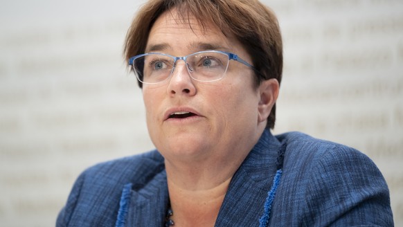 Nationalraetin Magdalena Martullo-Blocher, SVP-GR, spricht an einer Medienkonferenz von der Allianz fuer die Umsetzung der OECD-Mindeststeuer, am Donnerstag, 11. Mai 2023 in Bern. (KEYSTONE/Anthony An ...