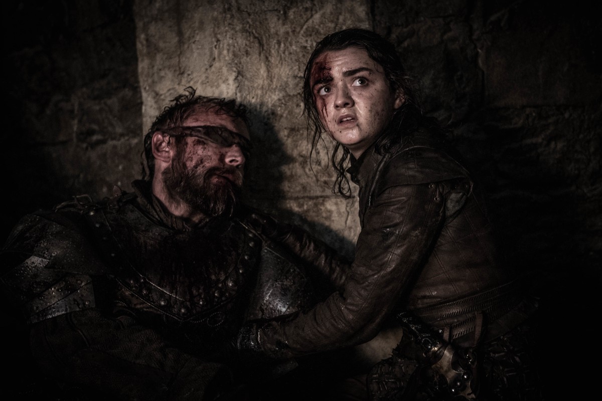 This image released by HBO shows Maisie Williams, right, and Richard Dormer in a scene from "Game of Thrones," that aired Sunday, April 28, 2019. In the Associated Press' weekly "W ...