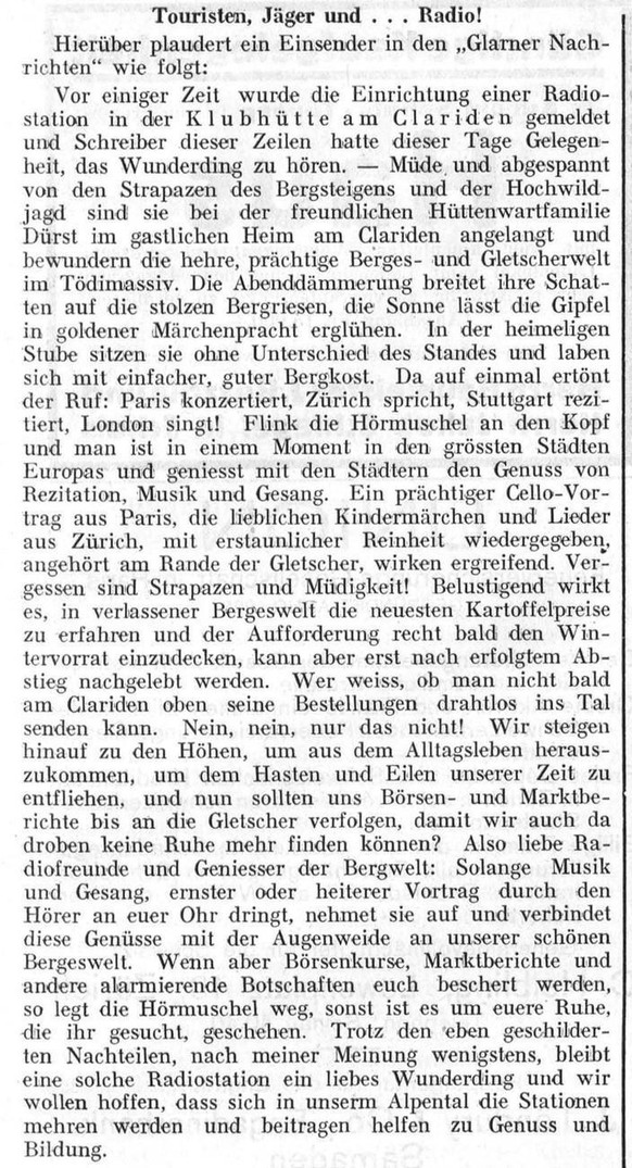 Zeitungsartikel zum Radioempfang in der SAC-Hütte Clariden. Quelle: Touristen, Jäger und …Radio!, in: Engadiner Post, 25.09.1924, S. 3, Zugriff via https://www.e-newspaperarchives.ch/, 30.07.2021.
htt ...