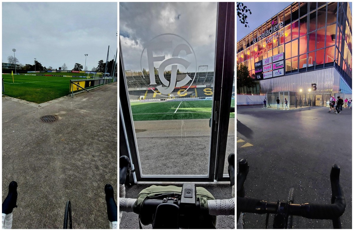 Jedes Challenge-League-Stadion bereiste ein Sion-Fan mit dem Velo: Hier war er in Nyon, Schaffhausen und Neuchâtel (v. l.).