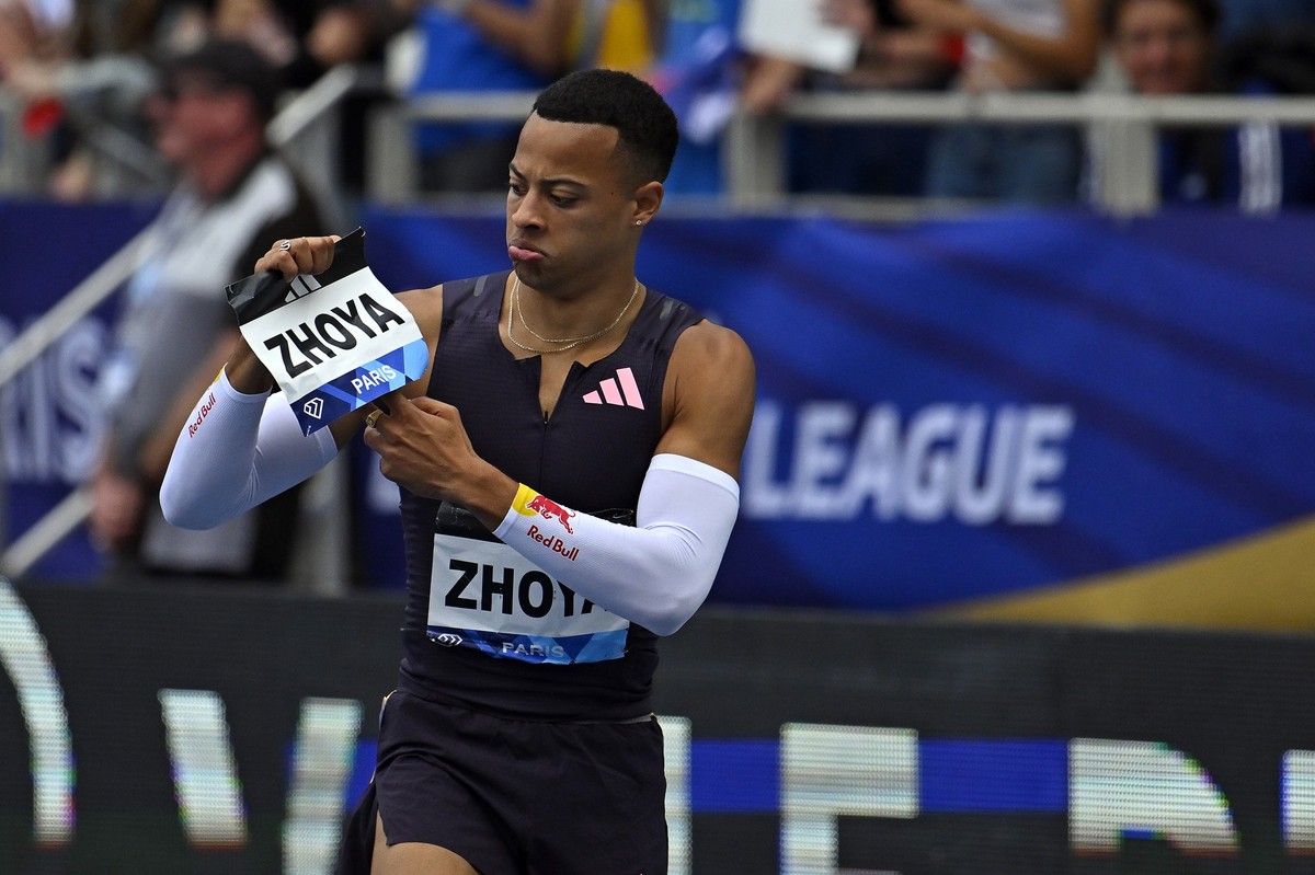 Sasha Zhoya of France reacts after winning the 110m Hurdles Men during the Paris 2024 Diamond League at Stade Charlety on July 07, 2024 in Paris, France.