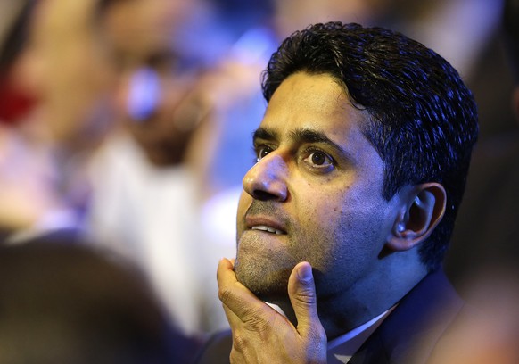 FILE - In this Aug.25, 2016 file photo, President of Paris Saint-Germain soccer club, Nasser Al-Khelaifi, gestures during the UEFA Champions League draw at the Grimaldi Forum, in Monaco. Swiss federal ...