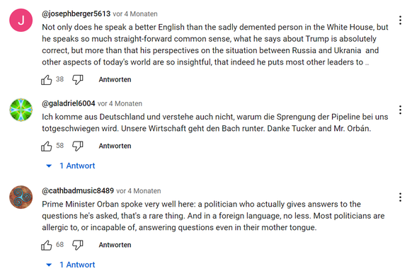 Auf Youtube kommt Orban nach Carlsons Interview gut an.