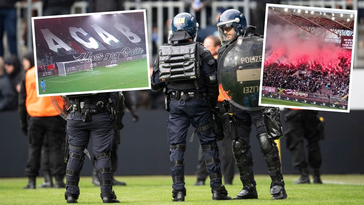 Dans les stades suisses, les policiers sont souvent victimes de messages insultants, comme ici avec les sigles «ACAB» ou «1312» (fumigènes).