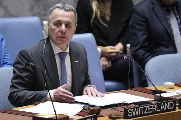 Swiss Foreign Minister Ignazio Cassis participates in a Secret Council meeting at United Nations headquarters, Thursday, May 4, 2023. Cassis is currently serving as president of the Security Council.  ...