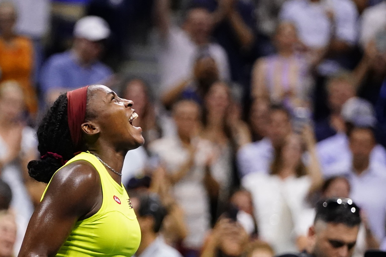 Coco Gauff, of the United States, celebrates her win against Karolina Muchova, of the Czech Republic, during the women&#039;s singles semifinals of the U.S. Open tennis championships, Thursday, Sept.  ...