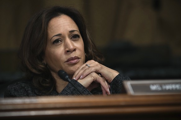 FILE- In this Sept. 27, 2018, file photo Sen. Kamala Harris, D-Calif., listens to Christine Blasey Ford testify before the Senate Judiciary Committee on Capitol Hill in Washington. Harris says she wil ...