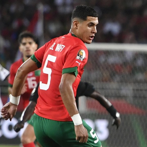 epa10735213 Morocco&#039;s Ayman el Wafi (L) in action against Ibrahim Mohamed (R) of Egypt during the AFCON U23 final match between Egypt and Morocco at Prince Moulay Abdellah Stadium in Rabat, Moroc ...