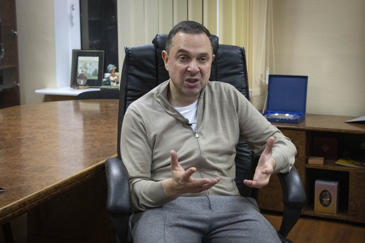 Vadym Gutzeit, Ukraine's Youth and Sport Minister and President of the National Olympic Committee of Ukraine, talks during an interview with The Associated Press in Kyiv, Ukraine, Tuesday, Feb.14 ...