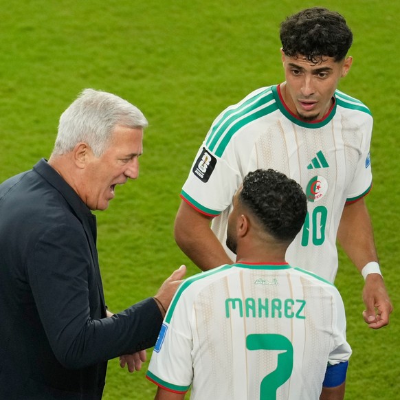 Algeria head coach Vladimir Petkovic talks to his team during a hydration break in the World Cup Group J soccer match between Jordan and Algeria in Santa Clara, Calif., near San Francisco, Monday, Jun ...