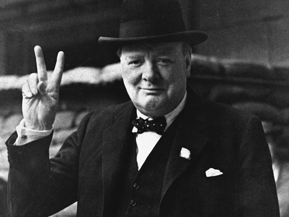 FILE - This is a Aug. 27, 1941 file photo of British Prime Minister Winston Churchill as he gives his famous &quot; V for Victory Salute&quot; . Churchill Britain&#039;s famous World War II prime mini ...