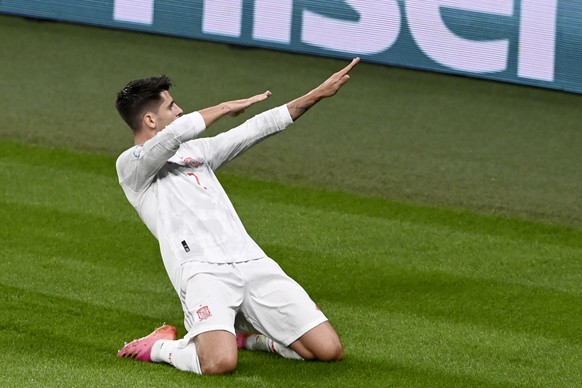 Spain&#039;s Alvaro Morata celebrates after scoring his side&#039;s first goal during the Euro 2020 soccer championship semifinal match between Italy and Spain at Wembley stadium in London, Tuesday, J ...