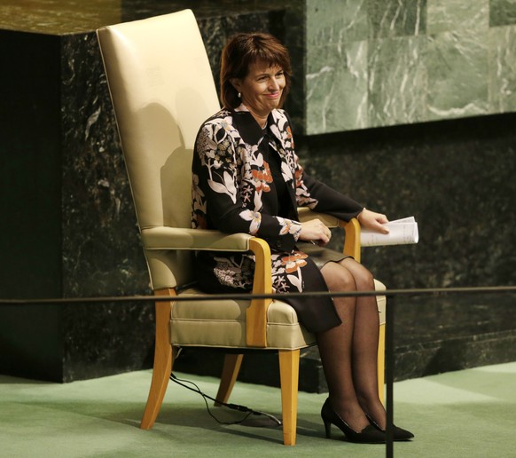 President Doris Leuthard of Switzerland prepares to speak during the United Nations General Assembly at U.N. headquarters, Tuesday, Sept. 19, 2017. (AP Photo/Seth Wenig)