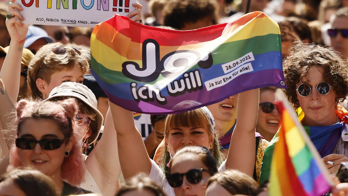 People demonstrate at the Zurich Pride parade in Zurich, Switzerland, with the slogan "Dare. Marriage for all, now!" (Trau Dich. Ehe fuer alle. Jetzt!) for the rights of the LGBTIQ community ...