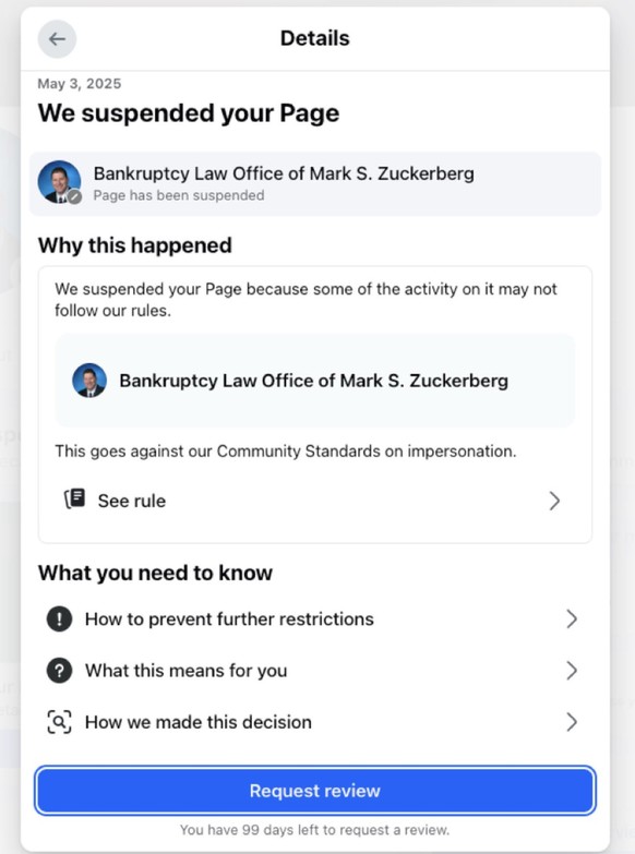 Screenshot einer Facebook-Mitteilung zur Sperrung der Facebook-Seite von Mark Steven Zuckerberg.
