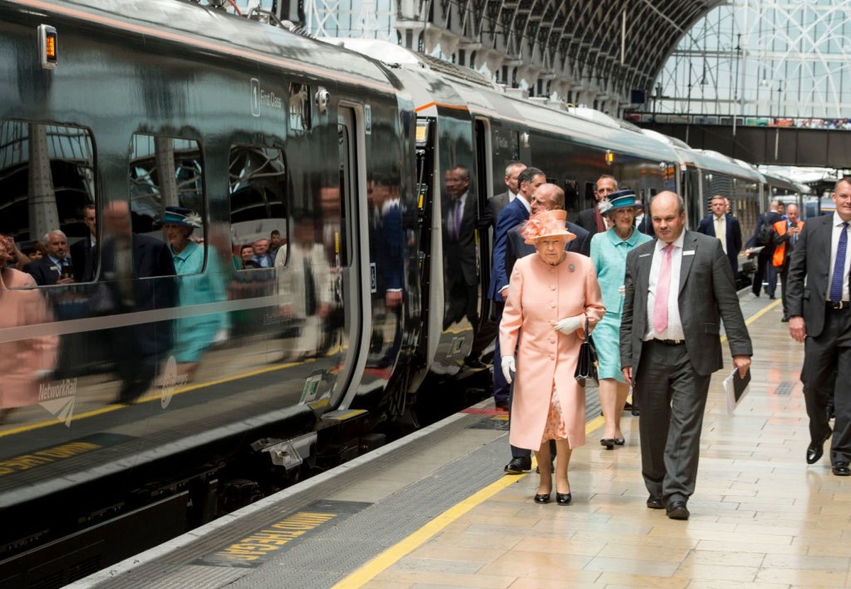 LONDON, ENGLAND - JUNE 13: Queen Elizabeth II at Paddington Station to name a new train "Queen Elizabeth ll" after taking a train from Slough to mark the 175th anniversary of the first train ...