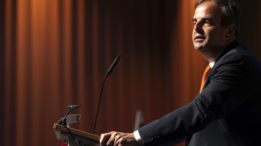 Gerhard Pfister, President du PDC suisse, Conseiller National, prend la parole lors du congres estival du PDC Suisse, au Forum Fribourg, ce samedi 29 juin 2019. (KEYSTONE/Anthony Anex)