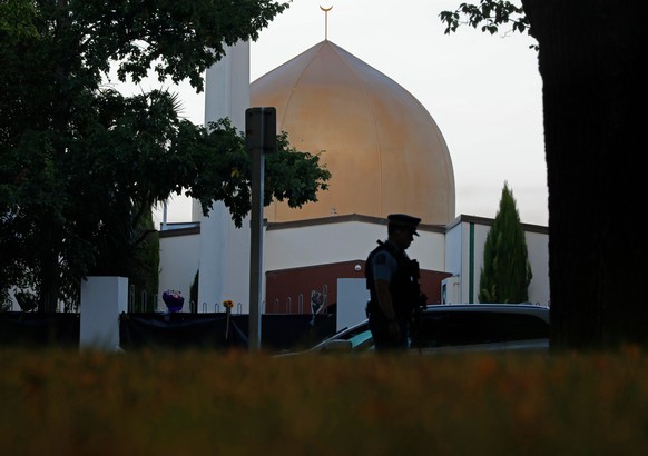 FILE - A police officer stands guard in front of the Al Noor mosque, in Christchurch, New Zealand, March 17, 2019. (AP Photo/Vincent Yu, File)
New Zealand Mosque Shootings