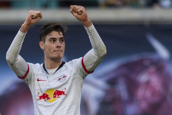 Leipzig&#039;s Patrik Schick celebrates after scoring his side second goal during the German Bundesliga soccer match RB Leipzig against SV Werder Bremen in Leipzig, Germany, Saturday, Feb. 15, 2020. ( ...