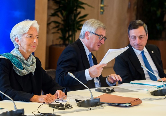 Die Troika-Köpfe: IWF-Chefin Christine Lagarde, EU-Kommissionspräsident Jean-Claude Juncker und EZB-Chef Mario Draghi.